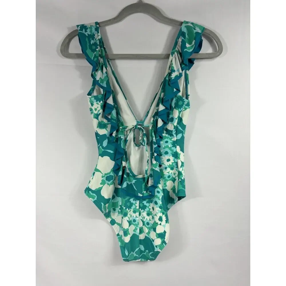 Michael Kors Swim One Piece Bathing Suit Swimsuit Teal Blue White Floral 10